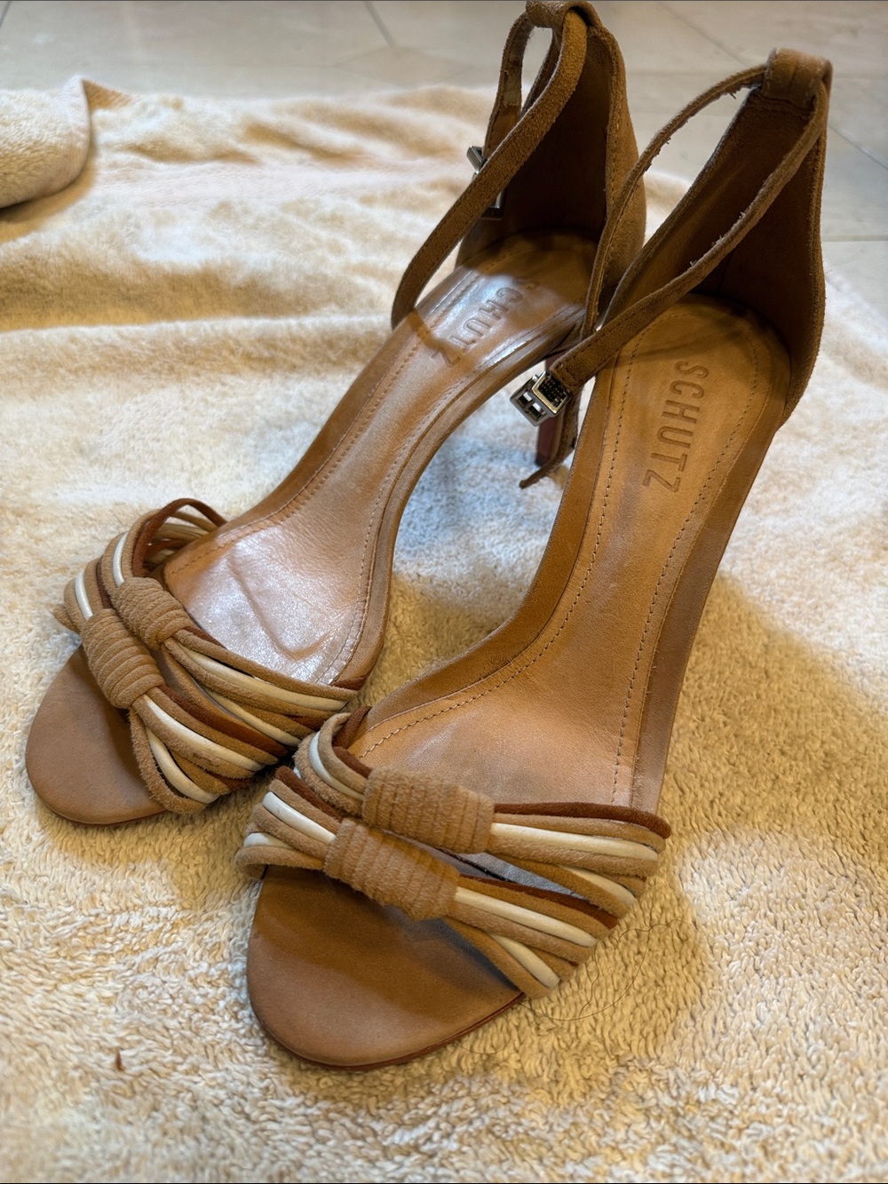 SCHUTZ Brown and Cream Strappy Knot High Heel Sandals
